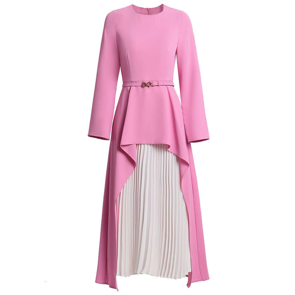 niche design sense black and white color blocked pleated skirt 2024 new high waisted long sleeved temperament dress goddess style