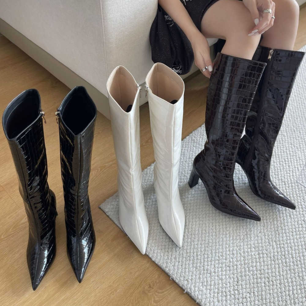 Crocodile Patterned Fashion Boots High-heeled Boots Cross Knee Knight Boots Pointed Toes High-heeled Heels Slim Martin Boots 240826