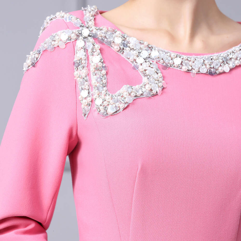 Heavy Industry hot stamping diamond high-end luxury temperament high waist slimming pink A-line dress 2024 new womens autumn