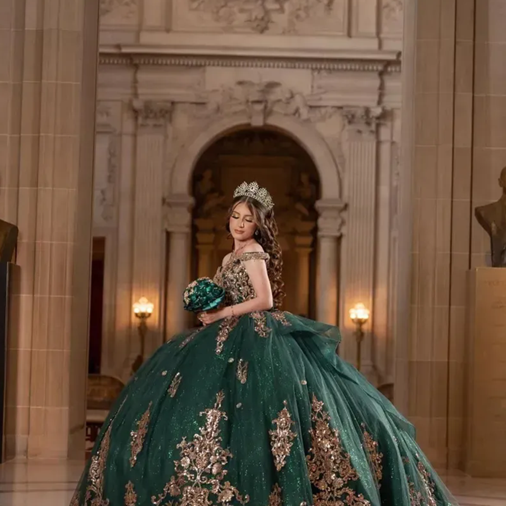 Emerald Green Off The Shoulder Bow Quinceanera Dresses Ball Gown Gold Sequined Appliques Beading Corset Vestidos De 15 Anos Girls 16