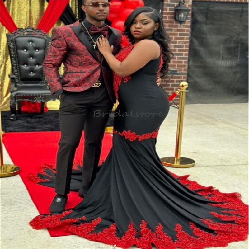 Amazing Black And Red Prom Dresses For Black Girls O Neck Plus Size Lace Mermaid Evening Dress Elegant Aso Ebie Unique Birthday Maxi Party Gown robe d