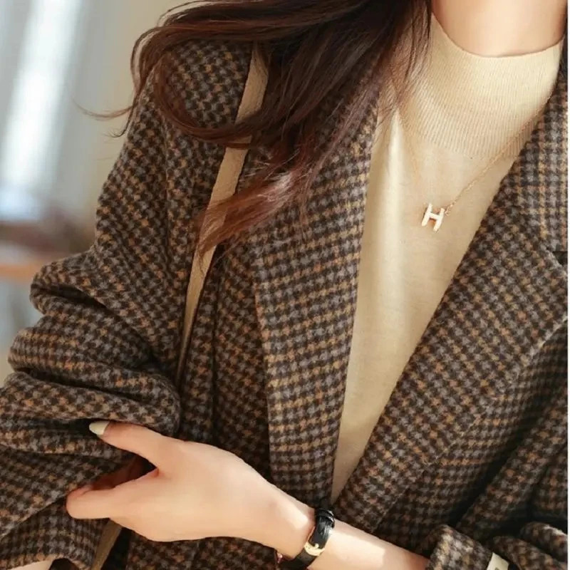Office Warm Woolen Plaid Suits Coat Fall Winter Mid Length Women Loose Parkas Jackets Oversize Vintage Thick Wool Blend Casaco 241008