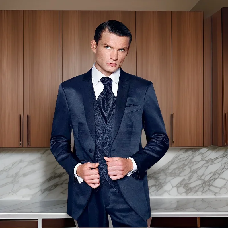 Formal Groom Tuxedos for Wedding 2024 Navy Blue Men Suits Slim Fit Peak Lapel Best Man Blazer 3 Pcs ( Jacket + Pants + Vest )