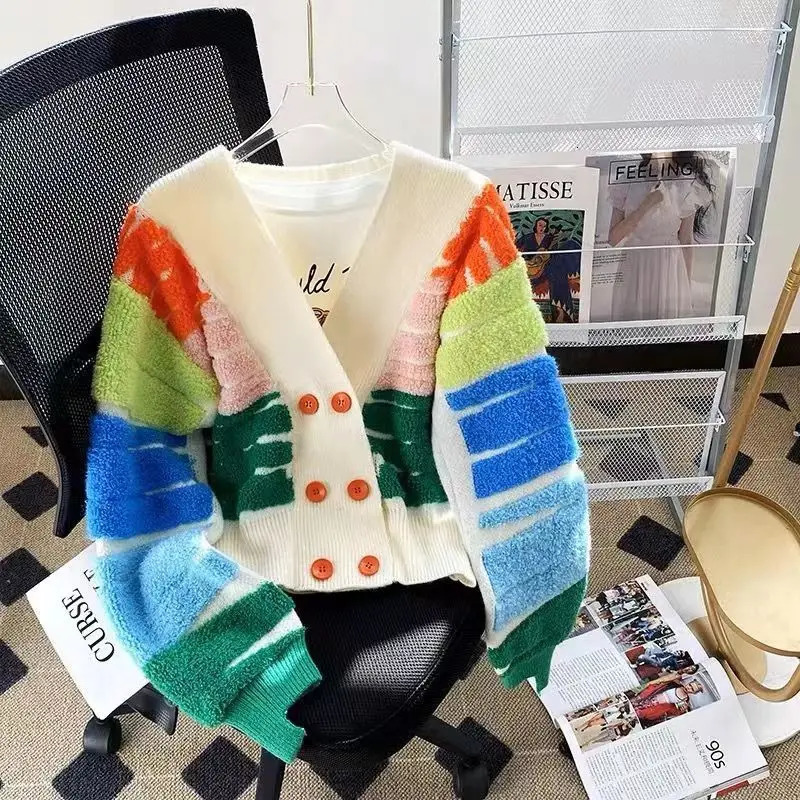 Rainbow Striped Knit Sweater Cardigan Women Doublebreasted Vneck Jacket Coat Autumn Winter Long Sleeve Loose Casual 241007