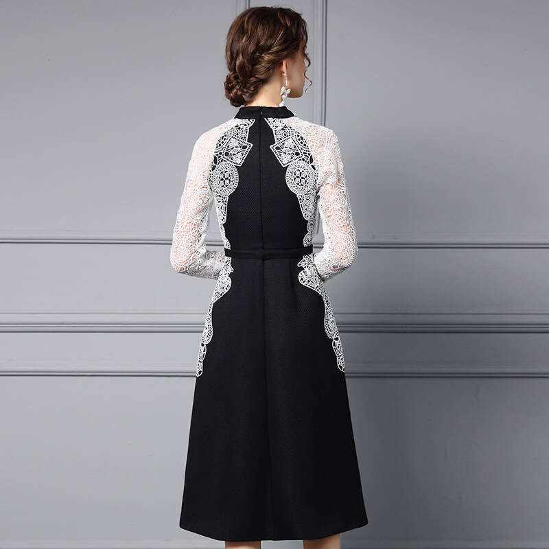 autumn women 2024 new high-end lace long sleeved slimming mid length A-line dress