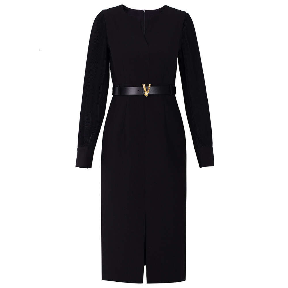 French style black pleated lantern sleeve splicing waist cinching tie dignified and atmospheric dress 2024 autumn new item