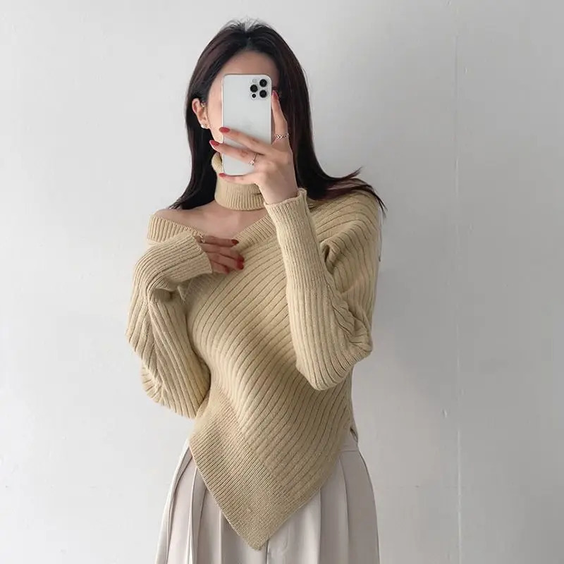 Knitted Sweater Irregular V-Neck Off Shoulder Autumn Solid Criss-Cross Women Long Sleeve Sexy Elegant Party Pullover Tops Female 241010