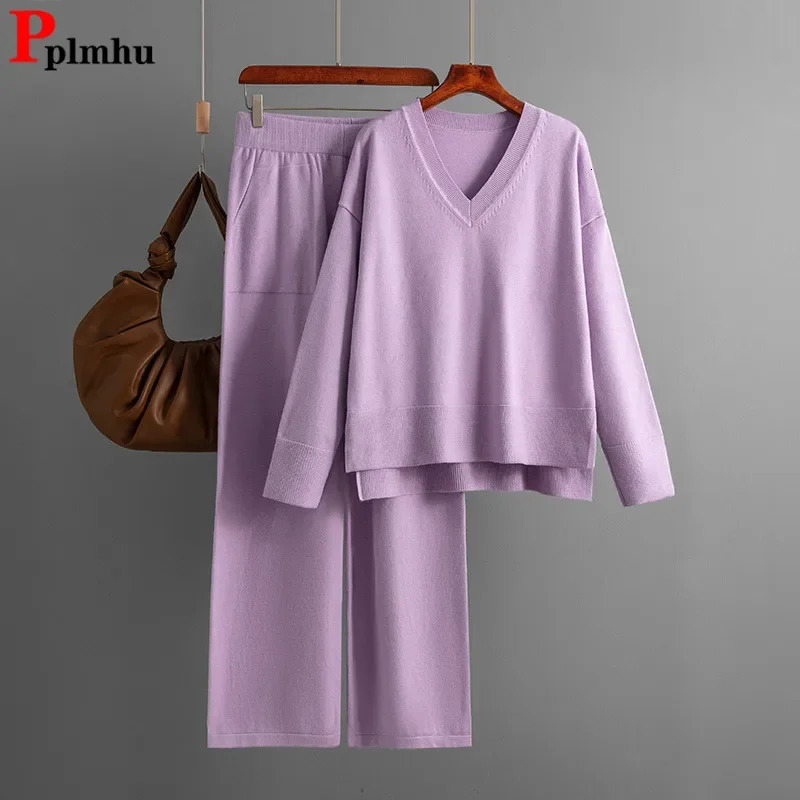 Winter loose knit 2-piece womens V-neck sweater zipper spliced top Conjuntos casual high waisted pants set 241010