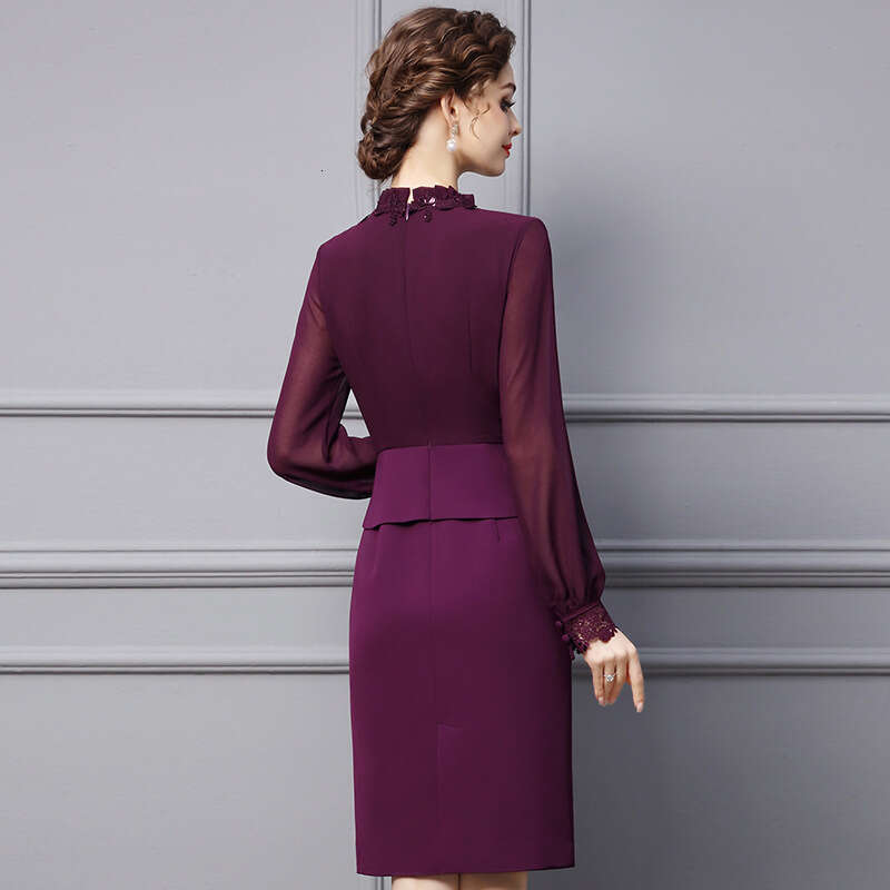 formal occasion dress 2024 autumn new item black fungus edge stand collar purple long sleeved slim fit hip hugging skirt