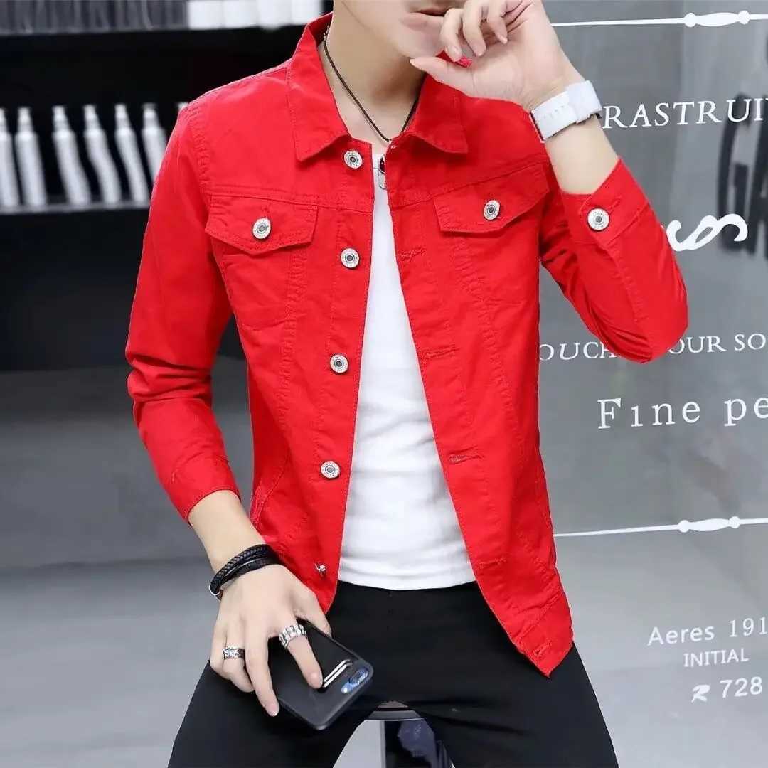 Mens Jean Coats button ultra-thin fit mens denim jacket red aesthetic high-quality Korean elastic new style cheap fashion G W241011