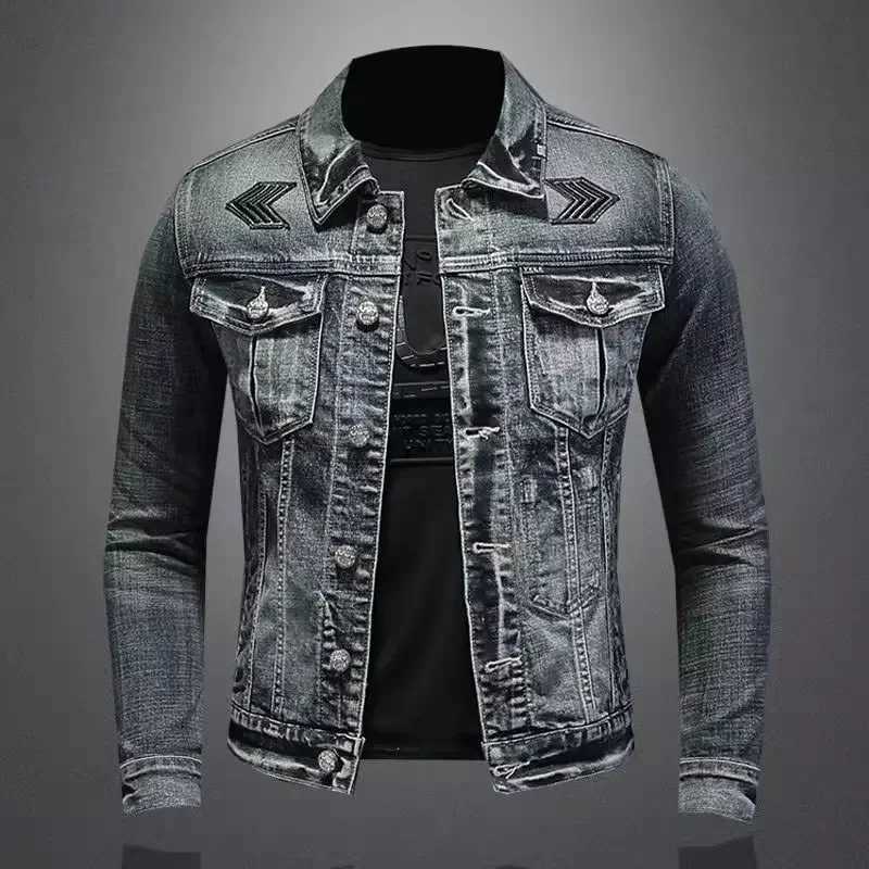 Poison denim jacket mens autumn 2023 lapel motorcycle jacket trendy high-end denim casual scene regular length W241011