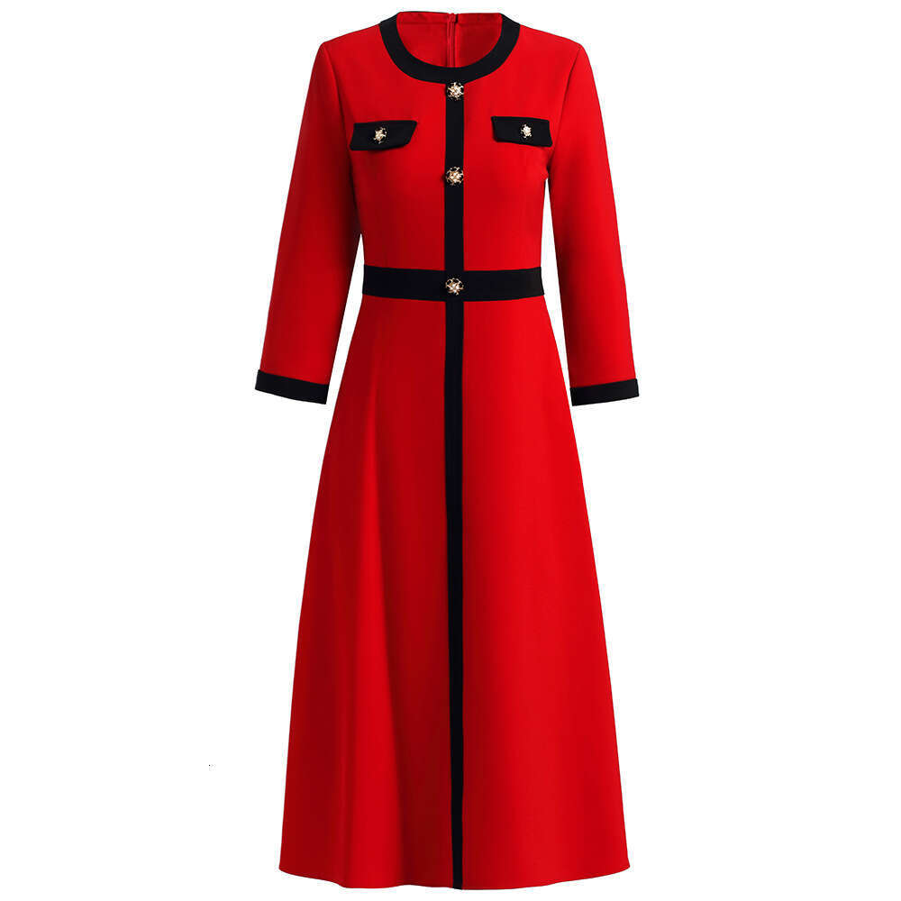 s new autumn 2024 French style high-end temperament black and white contrasting high waist slimming seven quarter sleeve dress