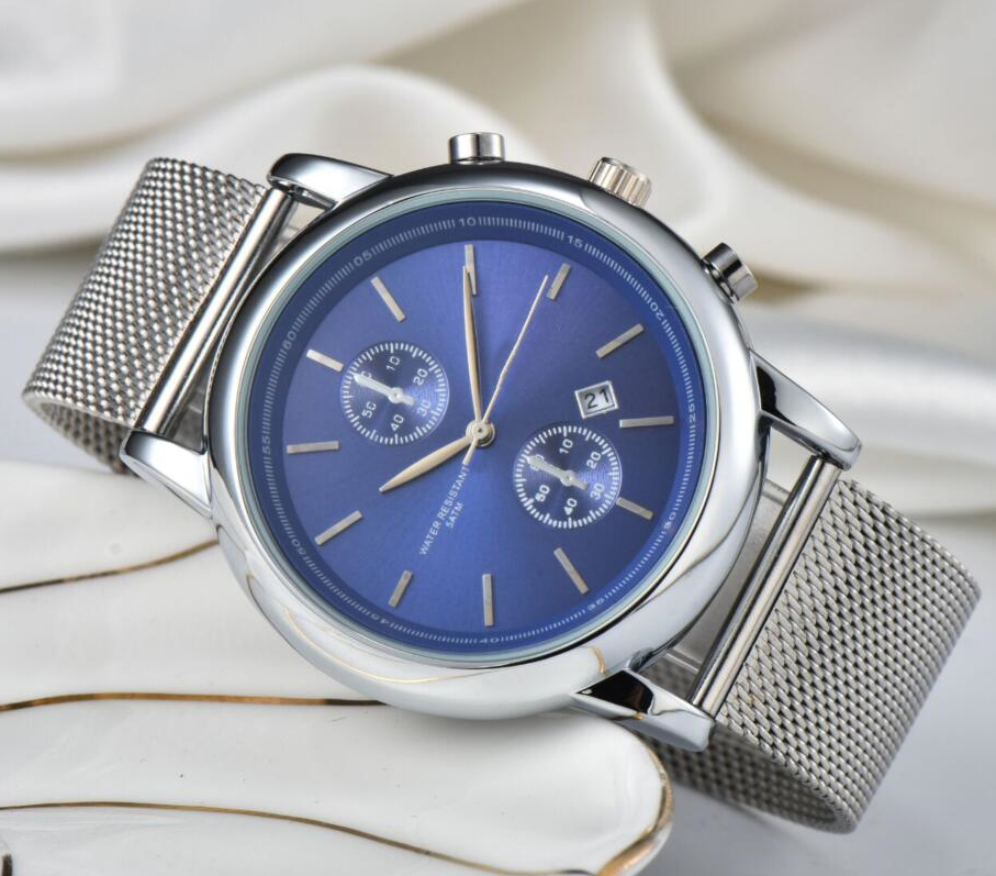 Fashion Men Round Face Two Eyes Dial Watch 43mm Quartz Movement Waterproof Clock Silver Stainless Steel Mesh Band Black Blue White Color Dial Watches Gifts