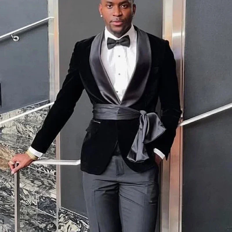 Formal Men Suits Slim Fit With Belt Shawl Lapel Velvet Wedding Tuxedo For Groom African Fashion Blazer (Jacket + Panst) 2024