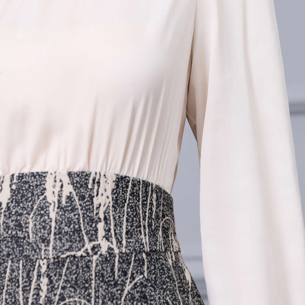 French gentle light mature style waist cinching and slimming printed contrasting splicing fake two-piece dress 2024 autumn new collection