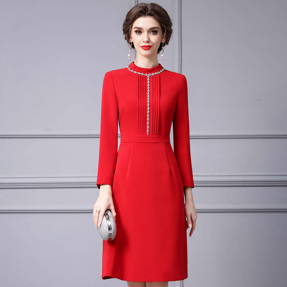 red stand up collar nail bead A-line skirt 2024 new high-end brand long sleeved slim fit dress autumn