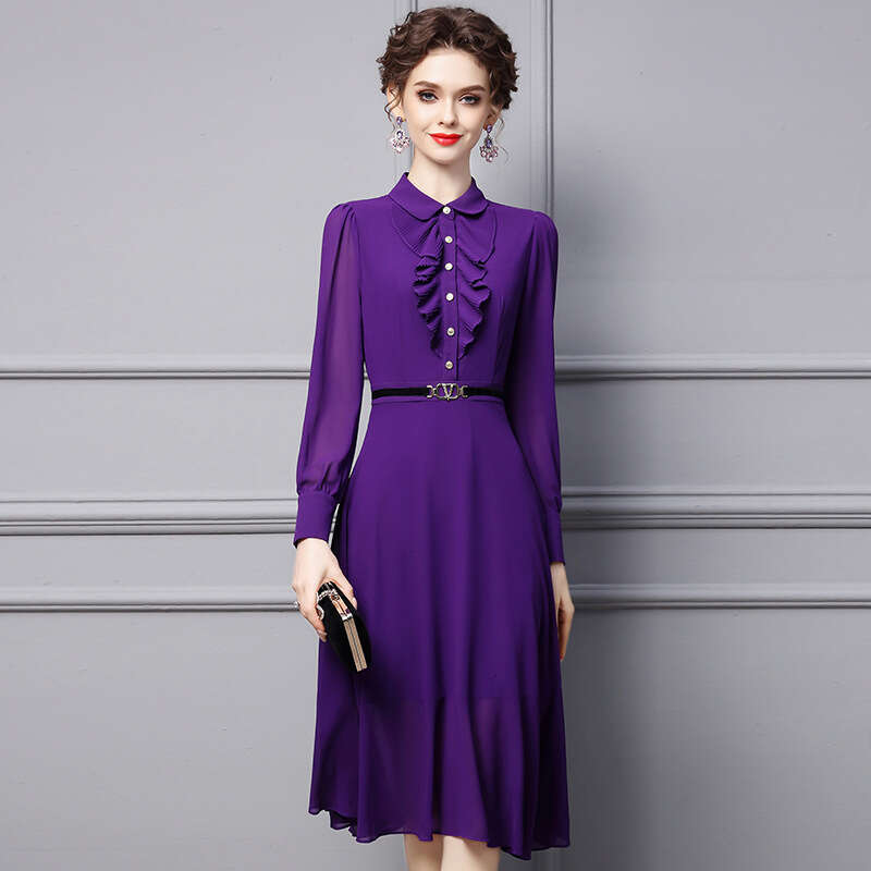 Smart elegant dress for women 2024 new autumn purple ruffle edge mid long style covering the belly and slimming shirt skirt