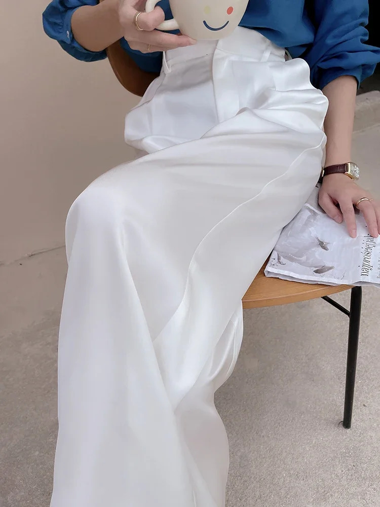 Ice silk Satin Womens Pants Wide Leg High Waist Casual Black Korean Fashion 2024 Spring Summer Suit for Women Trousers 241007