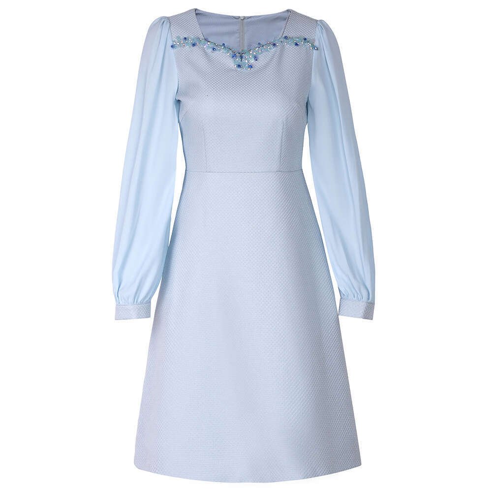 handmade nail diamond high waisted A-line 2024 new model socialite temperament black long sleeved heart-shaped collar dress