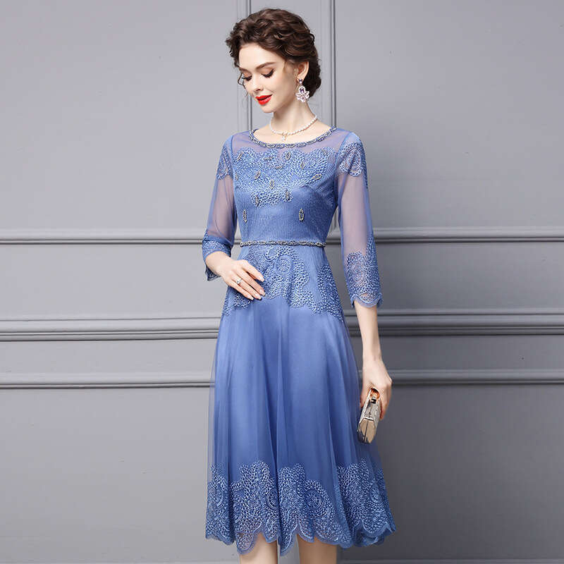 Noble Lady Kuai 2024 New Autumn Exquisite Mesh Embroidery Nail Diamond Party Dress Looks Thin