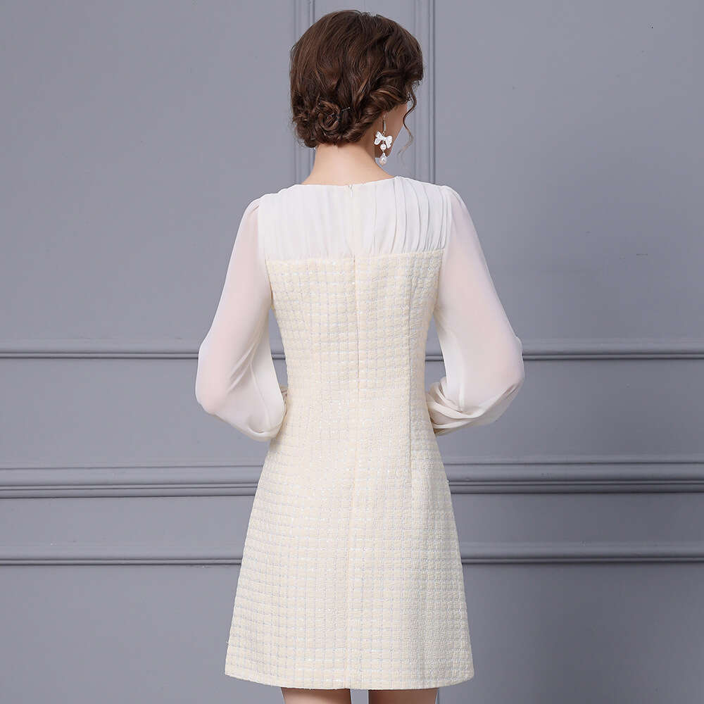 long sleeved nail bead patchwork apricot gentle ladylike style dress autumn wealthy heiress 2024 new item for women