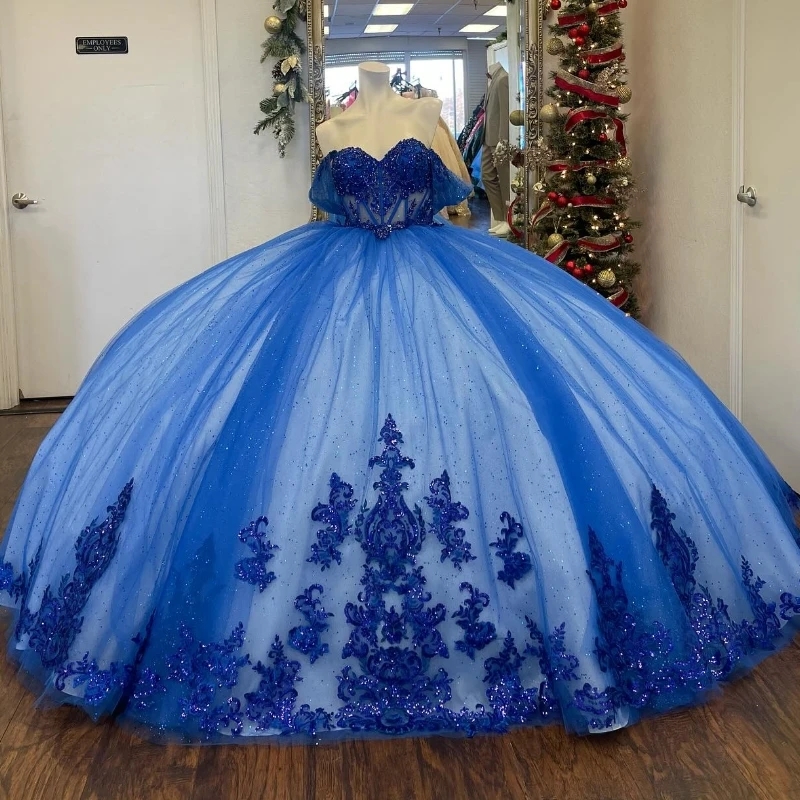 Blue Shiny Ball Gown Quinceanera Dresses Off The Shoulder Appliques Lace Beads Tull Princess Vestidos De 15 Anos Birthday Party Sweet 16 Dress