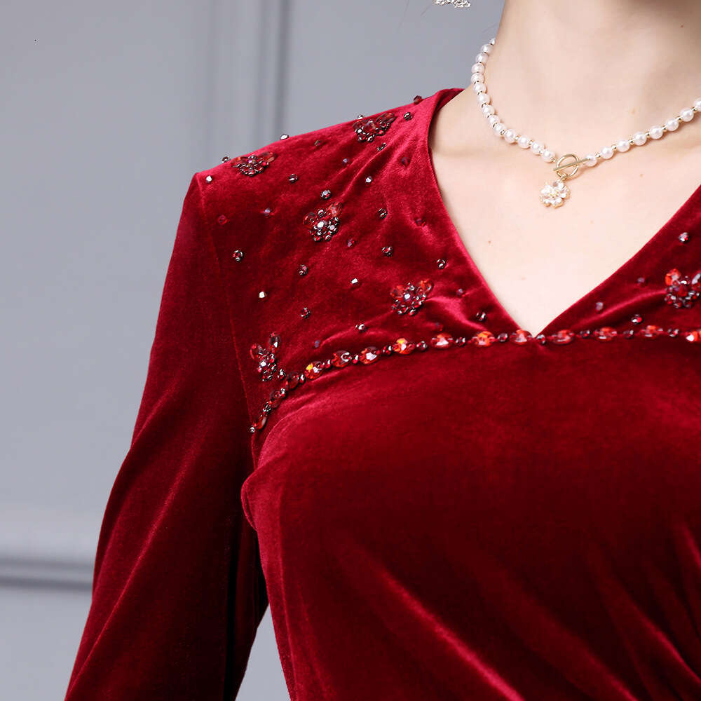 wine red gold velvet dress high-end and luxurious handmade nail drill pleated waist bag buttocks fish tail skirt autumn style