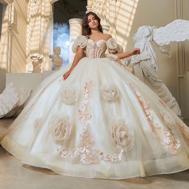 Beige Quinceanera Dresses Ball Gown Off The Shoulder 3D ral Applique Beaded Tull Corset Sweet 16 Dress Vestidos De 15 Anos