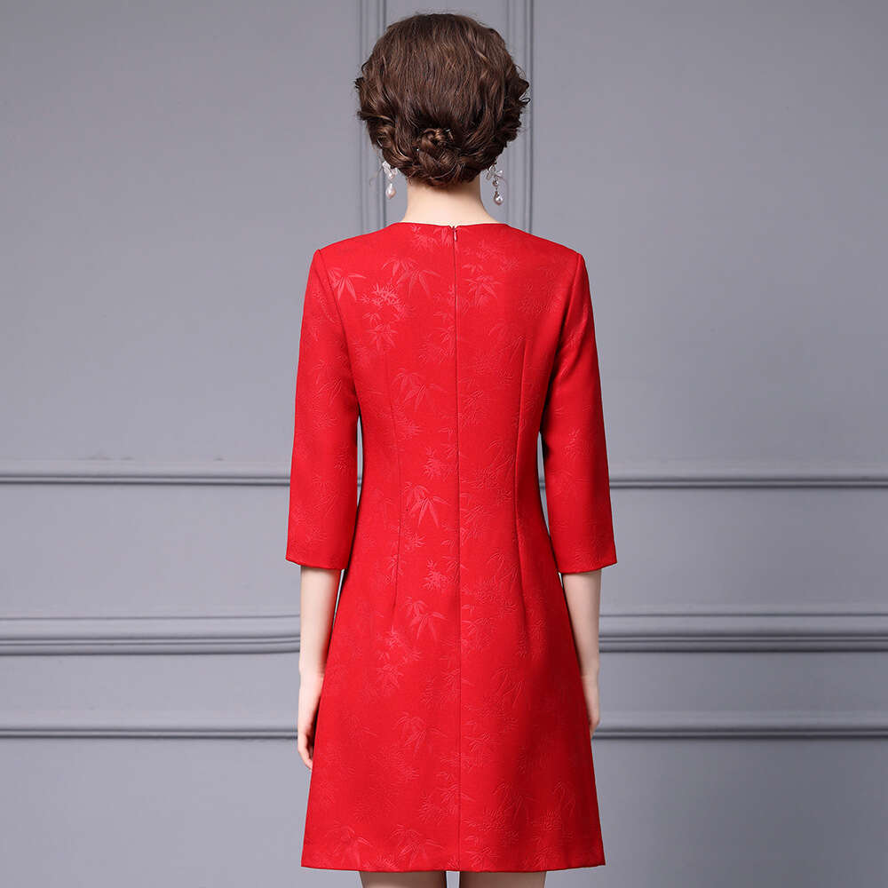 New Year Red Guofeng A-line skirt High grade Chinese knot Dracaena sanderiana embossed dress Autumn 2024