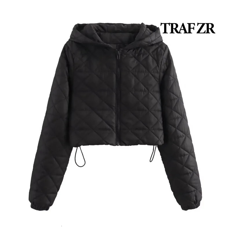 TRAF ZR Black Hooded Coat for Women Elegant Womens Parka Short Snow Warm Woman Winter Parkas Casual Padded 240930