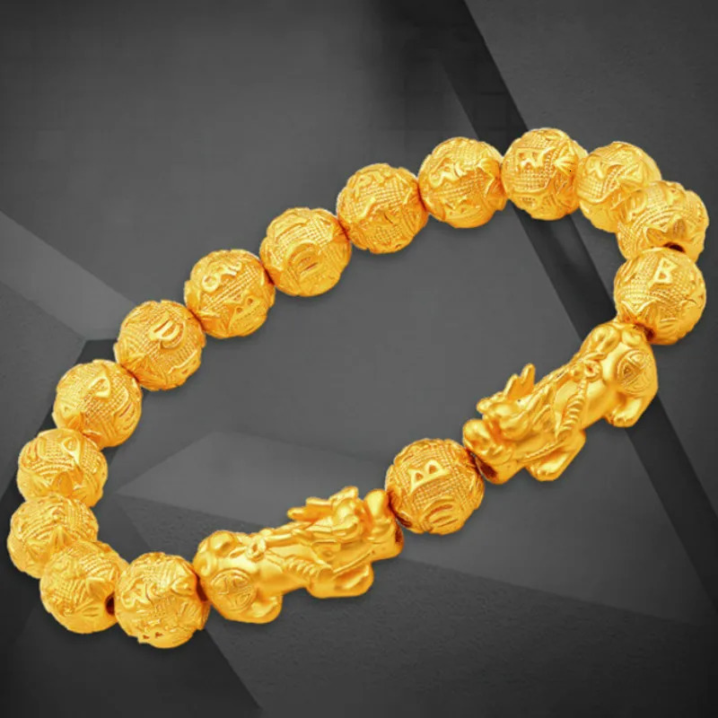Fengshui Vietnam Shakin Pixiu Bracelet Natural Stone Gold Beads Carving Inscriptions Charm Lucky Wealth Bracelet Jewelry 241011