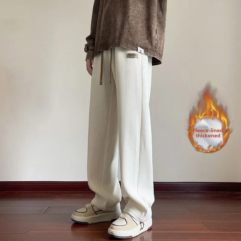 Mens khaki Corduroy pants wool lining thickened oversized straight leg wide leg winter American style 241011