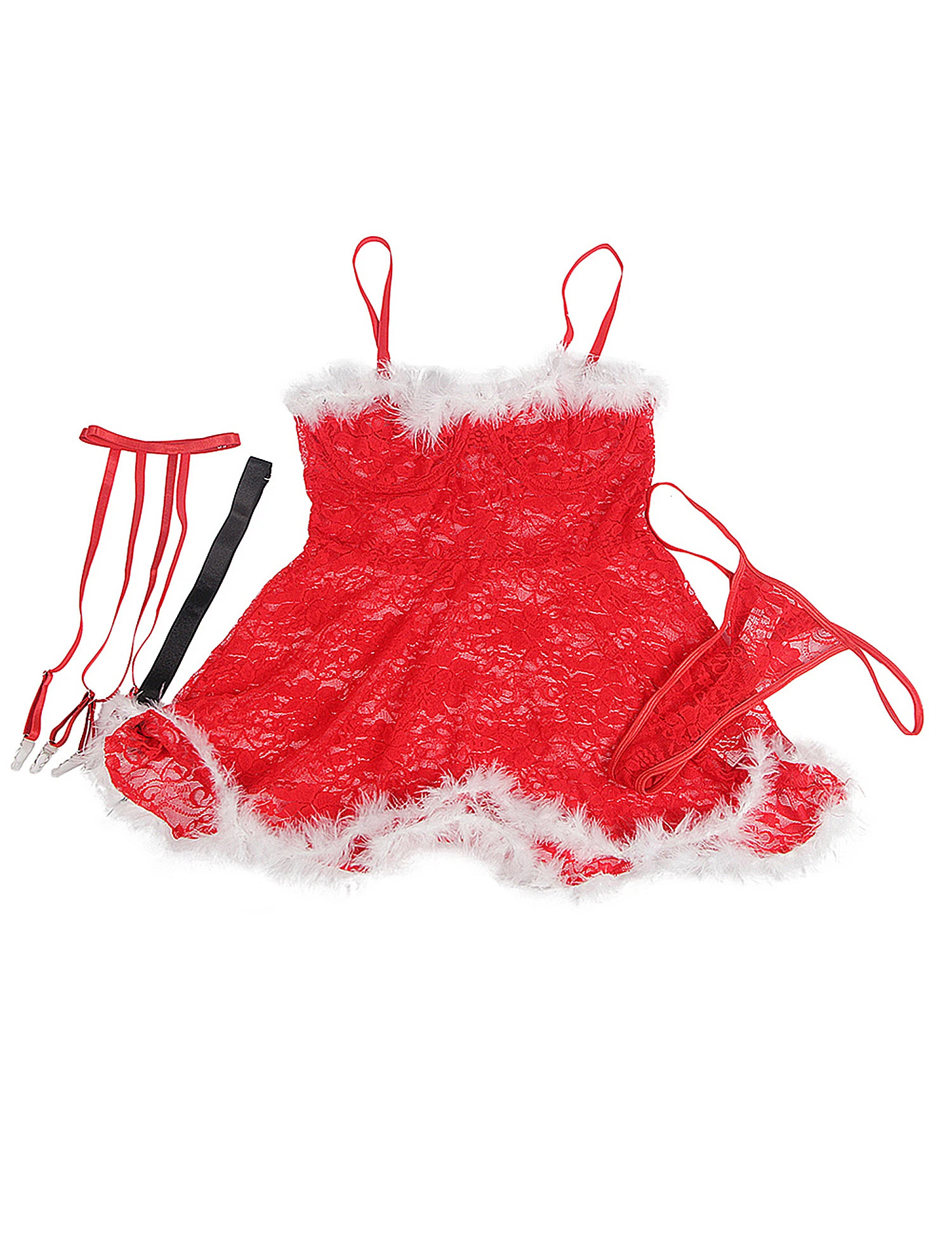 Ohyehlady Womens Christmas Eve Dress Red Lace Transparent Babydoll Sexy Underwear with Strap 241010