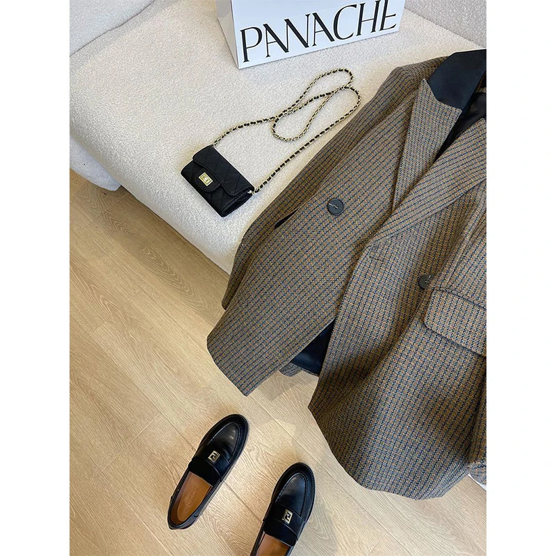 Vintage Wool Blends Coat Elegant Houndstooth Blazer Winter Korean Thicken Jacket Office Ladies Plaid Suit Outerwear 241008