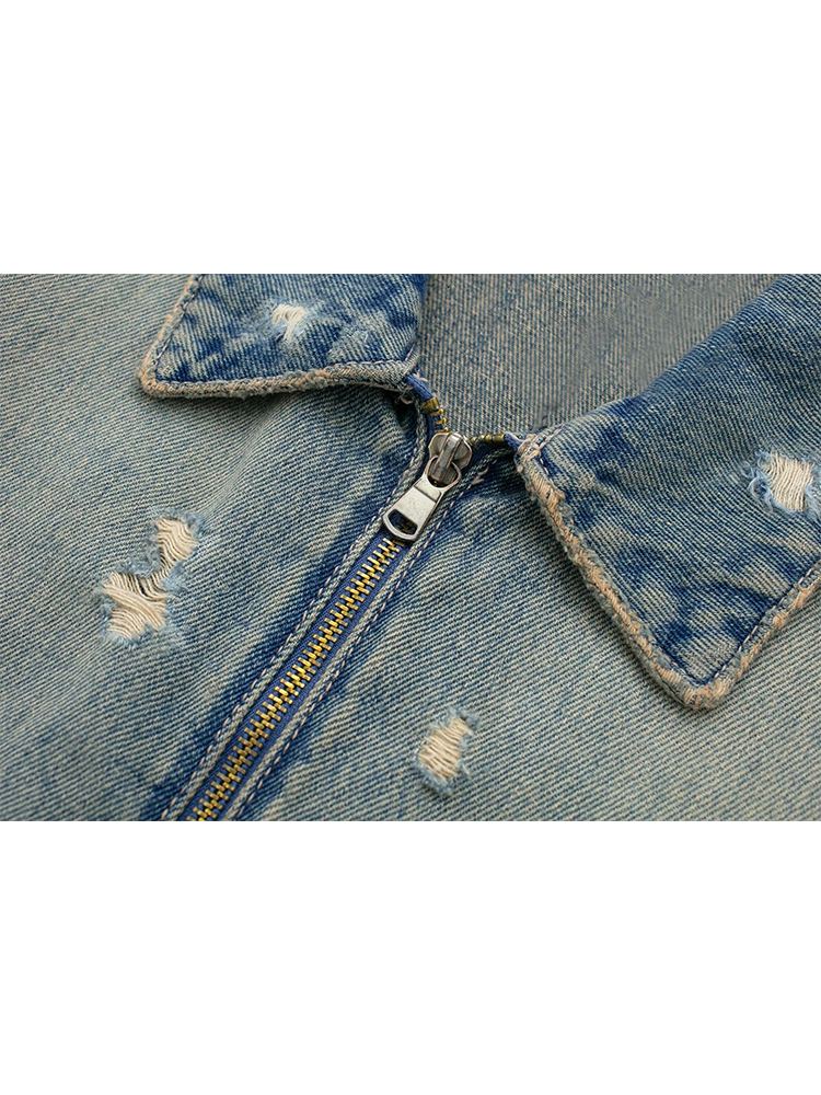 Women Blue Ripped Denim Jacket 2000S Long Sleeve Outerwear Loose Zippers Jean Coat Haruku Korean 90S Vintage Top 2024 Clothes