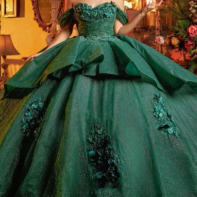 Emerald Green Shiny Off Shoulder Ball Gown Quinceanera Dresses Sweet 16 Dress Princess Appliqued Lace Beads Party Vestido De 15 Anos