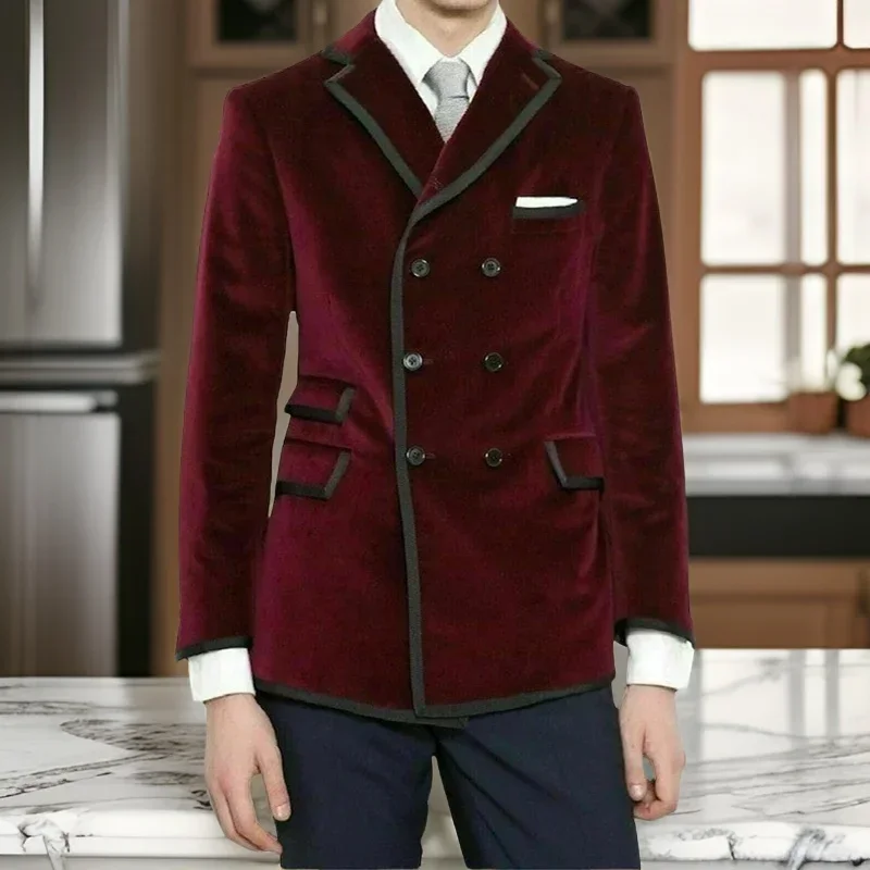 Double Breasted Men Suits Slim Fit 2 Pcs Wedding Tuxedos For Groom Prom Fashion Velvet Smoking Blazer ( Jacket+Pants) 2024