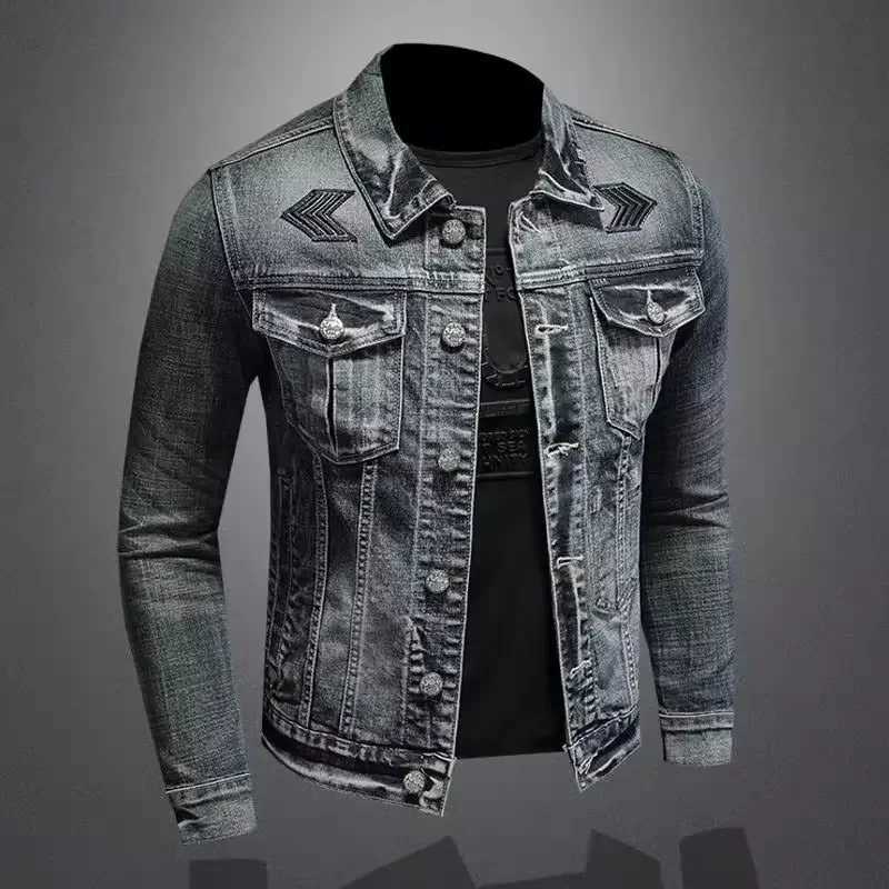 Poison denim jacket mens autumn 2023 lapel motorcycle jacket trendy high-end denim casual scene regular length W241011