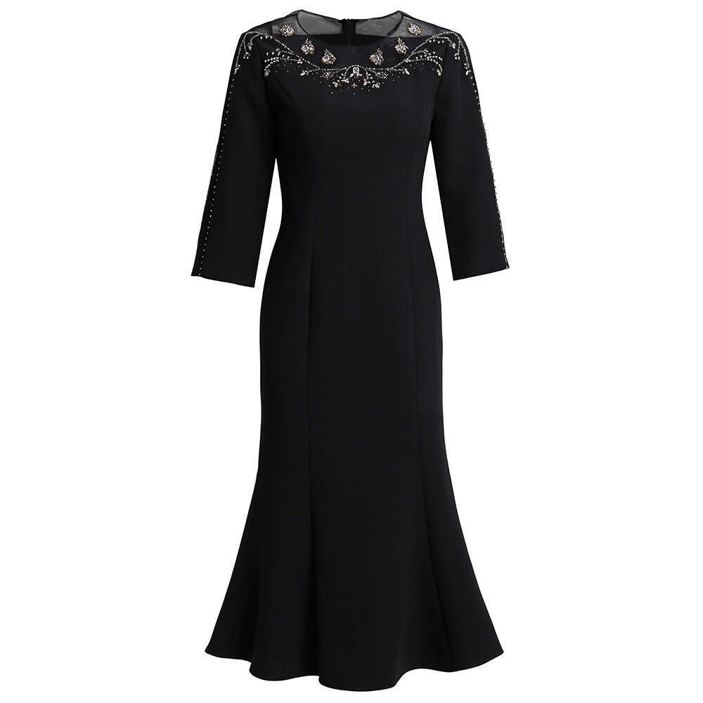 dopamine autumn outfit light luxury heavy industry nail bead seven quarter sleeve fish tail wrapped hip skirt dress 2024 new product