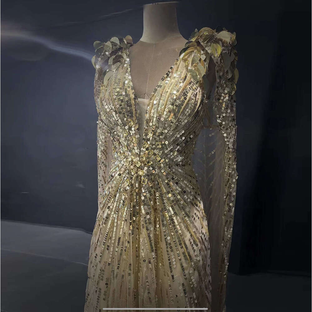 Dignified Elegant Gold Beaded Prom Dress Duchess of Cambridge Replica Evening Reception Bridal Gown