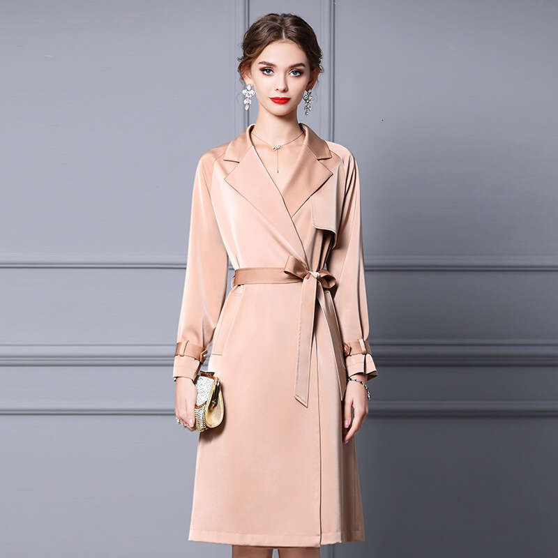 khaki windbreaker jacket for women in autumn 2024 new womens style high-end feeling solid color medium to long length slimming effect