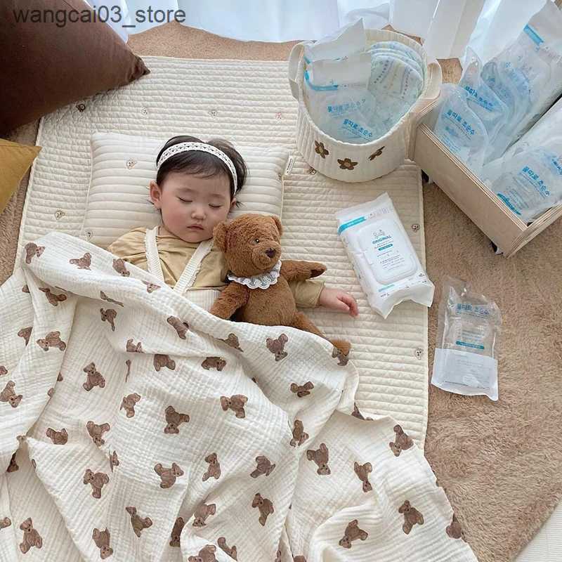 Blankets Swaddling Bear Print Baby Blankets Newborn Muslin Cotton Gauze Swaddle Wrap Bedding Infant Girls Boys Sleeping Blanket Babies Accessories L24