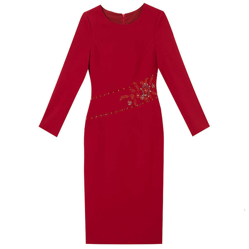 autumn 2024 new long sleeved wine red elegant temperament nail bead waist slimming party dress