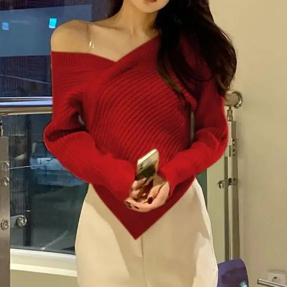 Knitted Sweater Irregular V-Neck Off Shoulder Autumn Solid Criss-Cross Women Long Sleeve Sexy Elegant Party Pullover Tops Female 241010