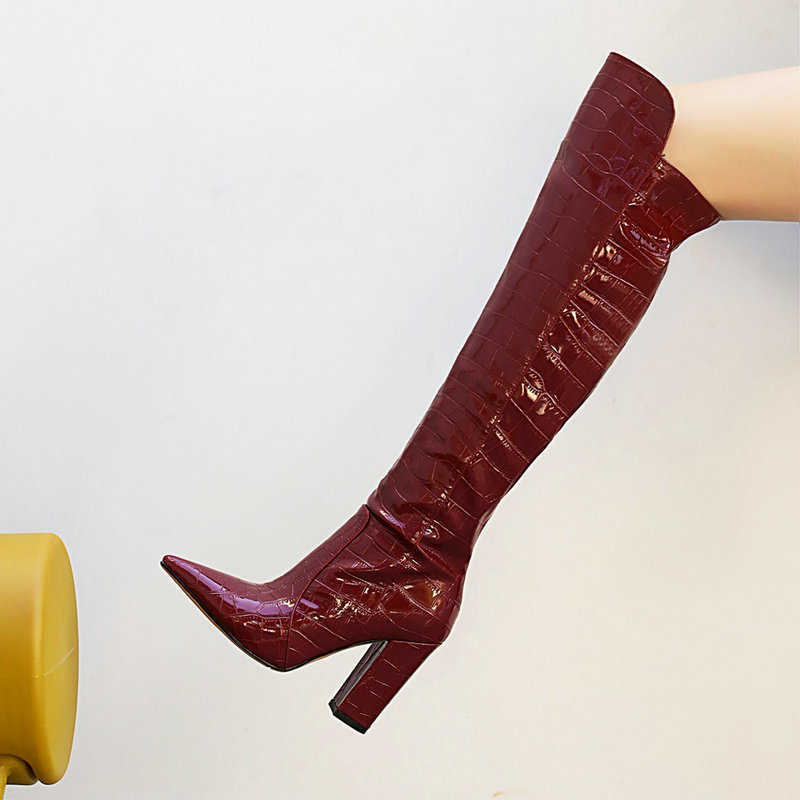 Winter Women Boots Leather White Fashion Boots Womens Pointed Thick Heel High Tube Walking Boots Crocodile Knee Martin Boots 240826