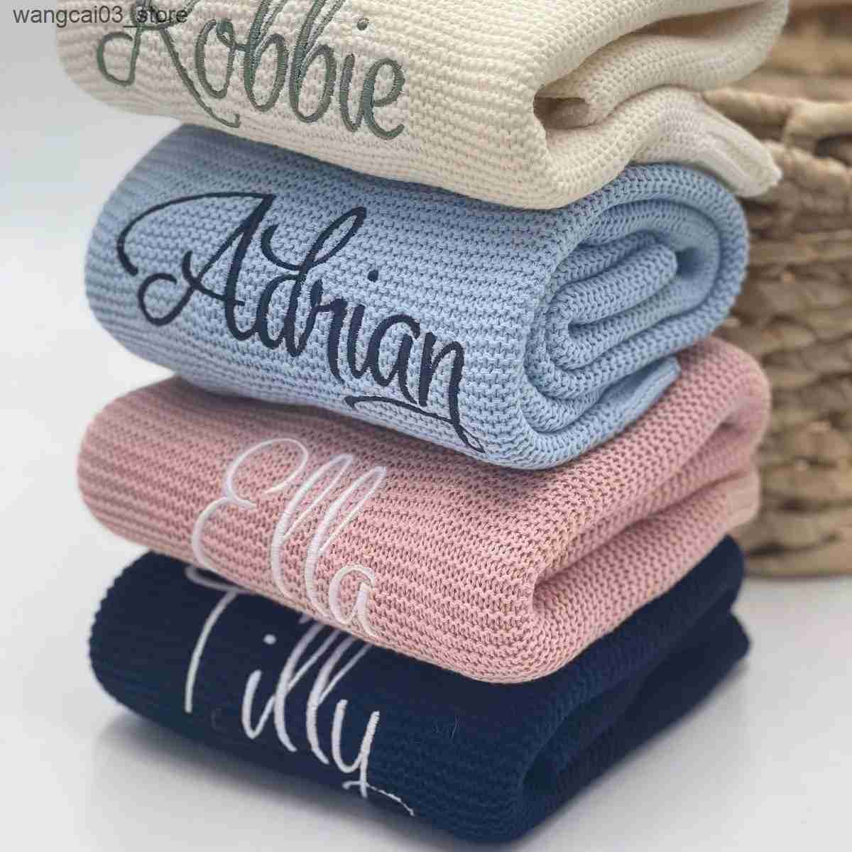 Blankets Swaddling Personalized Name Baby Blanket Embroidered New Born Baby Blanket Stroller Swaddles Breathable Cotton Knitted Blanket Bedding Kid L2