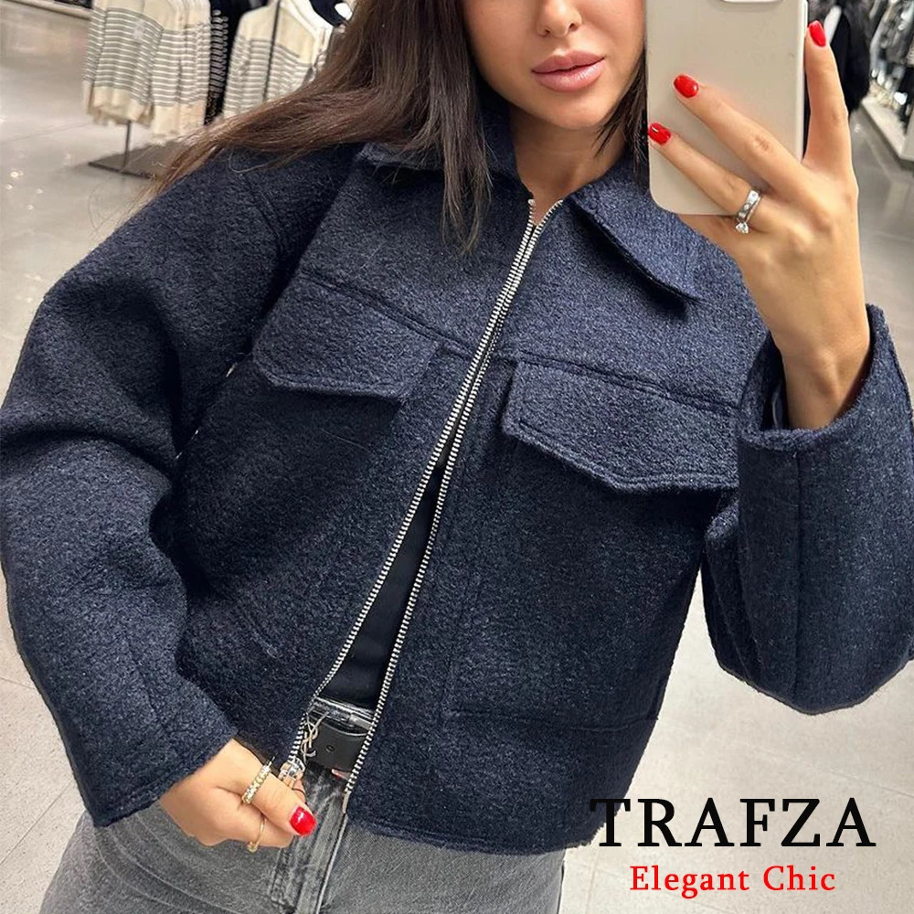 TRAFZA Casual Chic Women Zipper Jacket Fashion Autumn Winter Tweed Short Coat Elegant Female Office Lady 241011