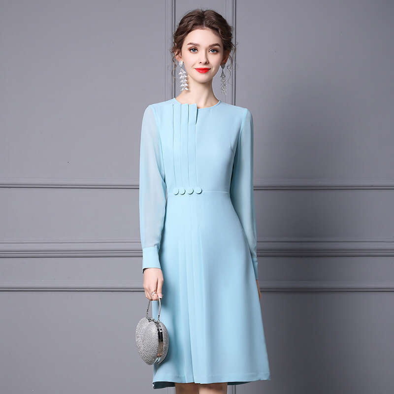 banquet dress 2024 new autumn outfit formal occasion light blue waist cinching slimming A-line skirt for children