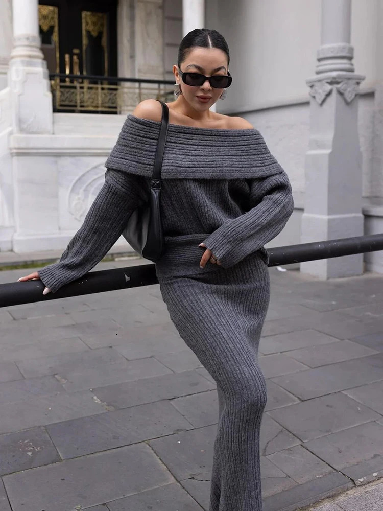 Winter Knitted Two Piece Set Womens Elegant Off Shoulder Sweater Pullover Ultra Thin Tight Set Fashion Office Womens Wear 241011
