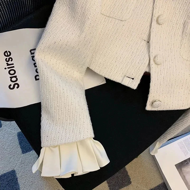 Elegant Tweed Jacket Women Cropped Ruffles Patchwork Quilted Coat Korean Fashion White Blazer Winter Ladies Thicken Outerwear 241011